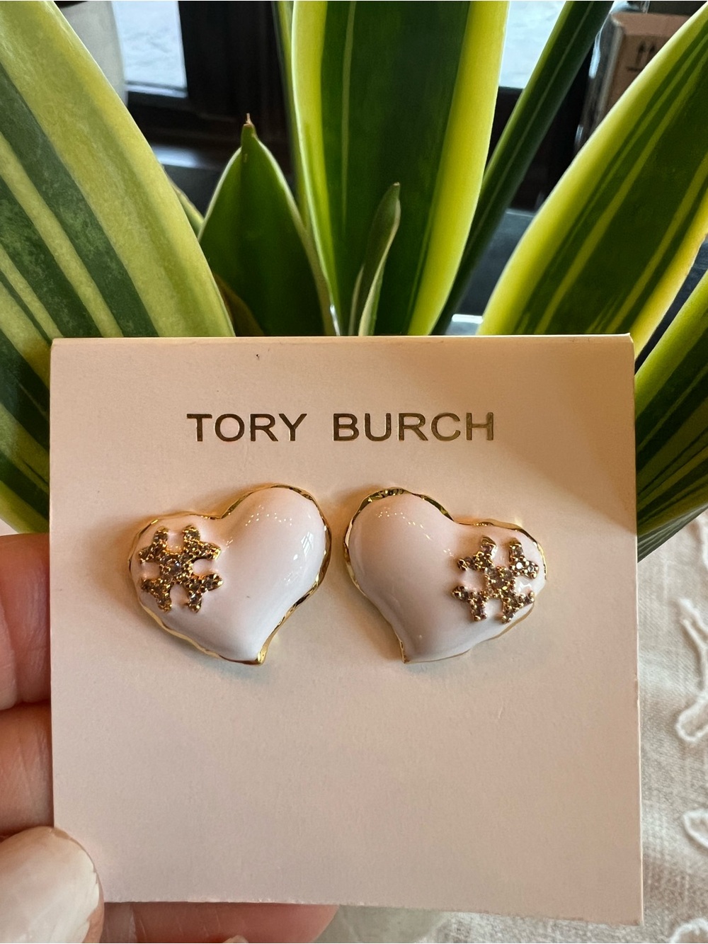 Tory Burch White Enamel Heart Stud Earrings with Gold Logo Accent